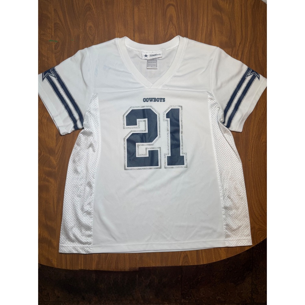 Dallas Cowboys Ezekiel Elliott 21 Jersey White Navy Silver Glitter Women L